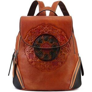 Women brown Small Genuine Leather Backpack Fashion Vintage Embossed Totem Bag